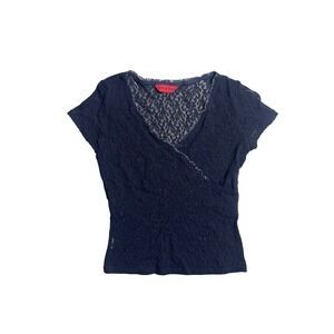 Poone Black Floral Lace Faux Wrap V-Neck Short Sleeve Top